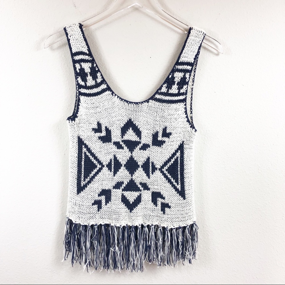 Flying Tomato | Navy and White Knit Fringe Tank